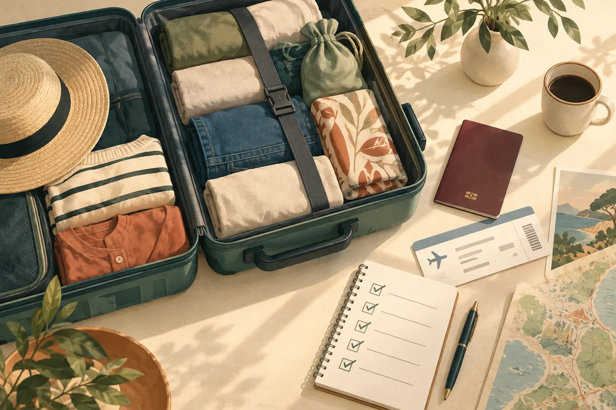 Illustration of a packed suitcase, passport, and pre-flight checklist.