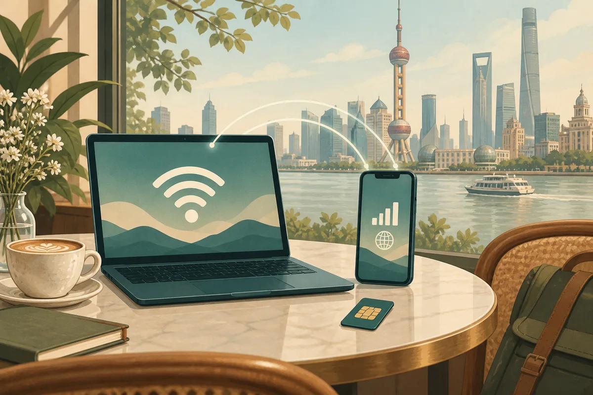 Illustration of a laptop and phone connected at a cafe overlooking Shanghai.