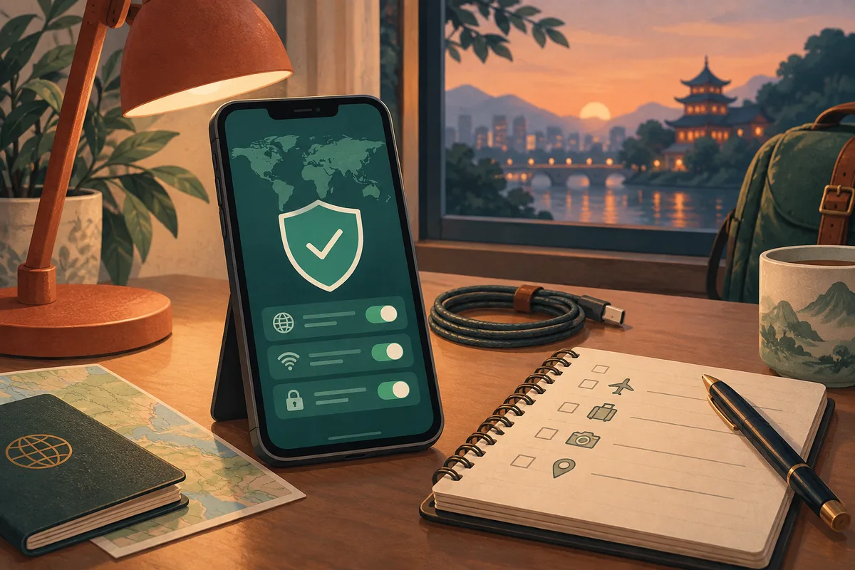 Illustration of a phone with connection settings beside a travel notebook.