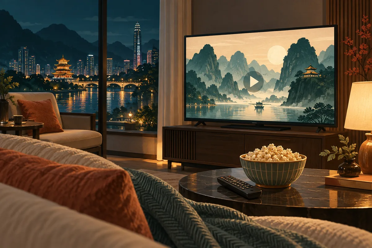 Illustration of a hotel television, remote, and popcorn beside a window at night.